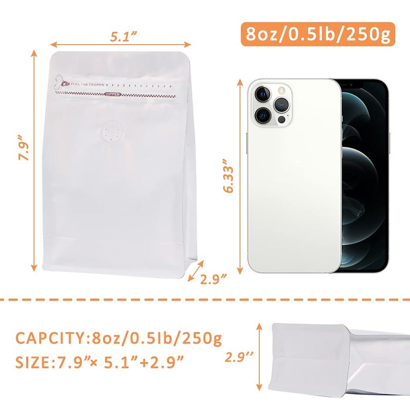 REMTAP Coffee Bags with Valve(50pcs,8oz) White High Barrier Aluminumed Foil Flat Bottom Standing Coffee Beans Storage Bags,Reusable Heat Sealable Side Zipper Pouches for Home or Store - Image 2